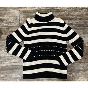 Vintage 90's Liz Sport Sweater Womens Size L Black Cream Striped Turtleneck